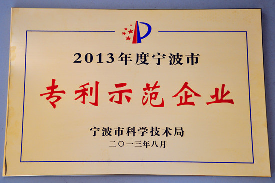 公司榮獲“2013年度寧波市專利示范企業(yè)”